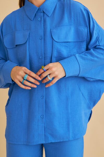 Meva Cepli Yarasa Kol Keten Mavi Gömlek Pantolon Takım