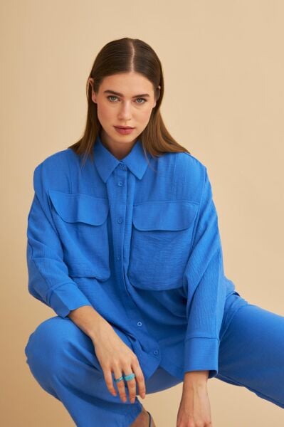 Meva Cepli Yarasa Kol Keten Mavi Gömlek Pantolon Takım