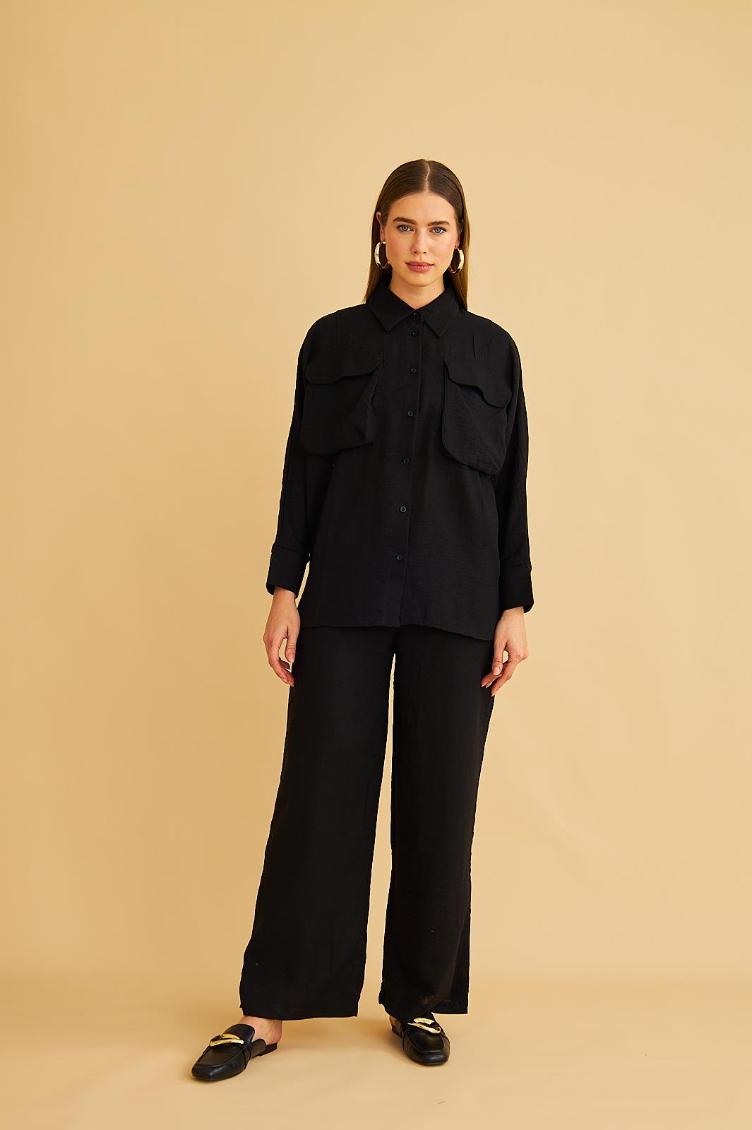 Meva Cepli Yarasa Kol Keten Siyah Gömlek Pantolon Takım