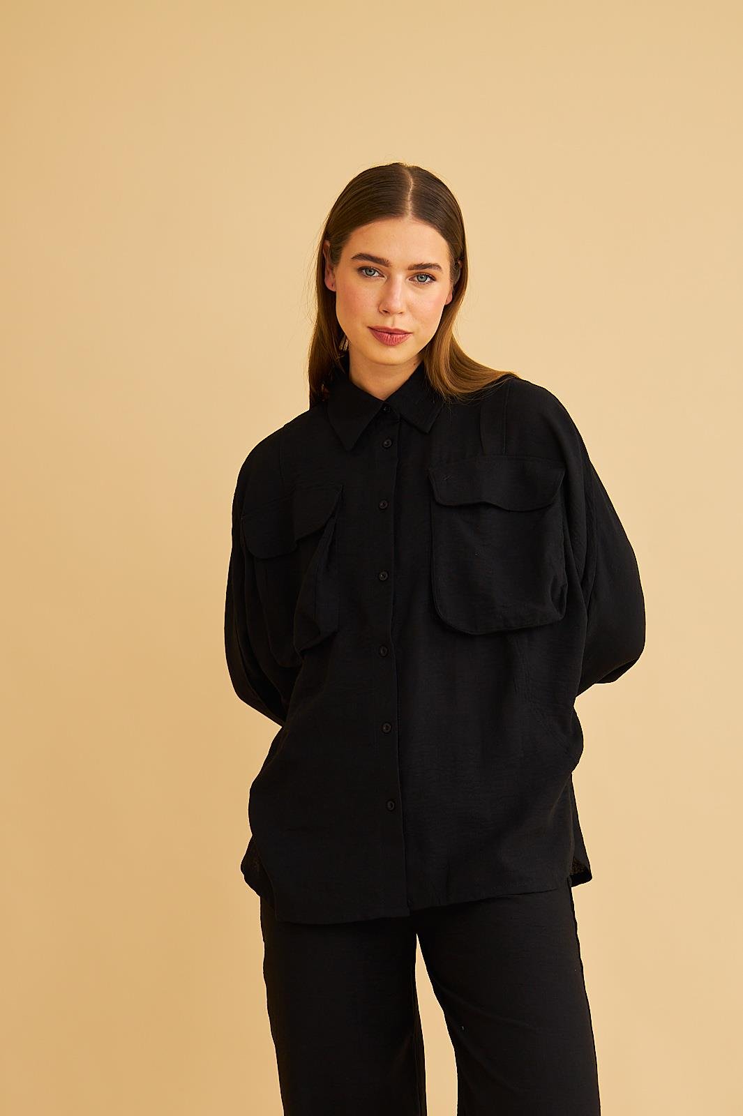 Meva Cepli Yarasa Kol Keten Siyah Gömlek Pantolon Takım