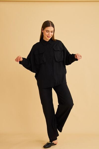 Meva Cepli Yarasa Kol Keten Siyah Gömlek Pantolon Takım