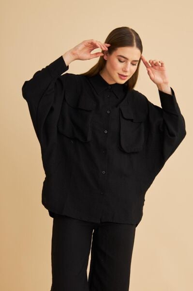 Meva Cepli Yarasa Kol Keten Siyah Gömlek Pantolon Takım