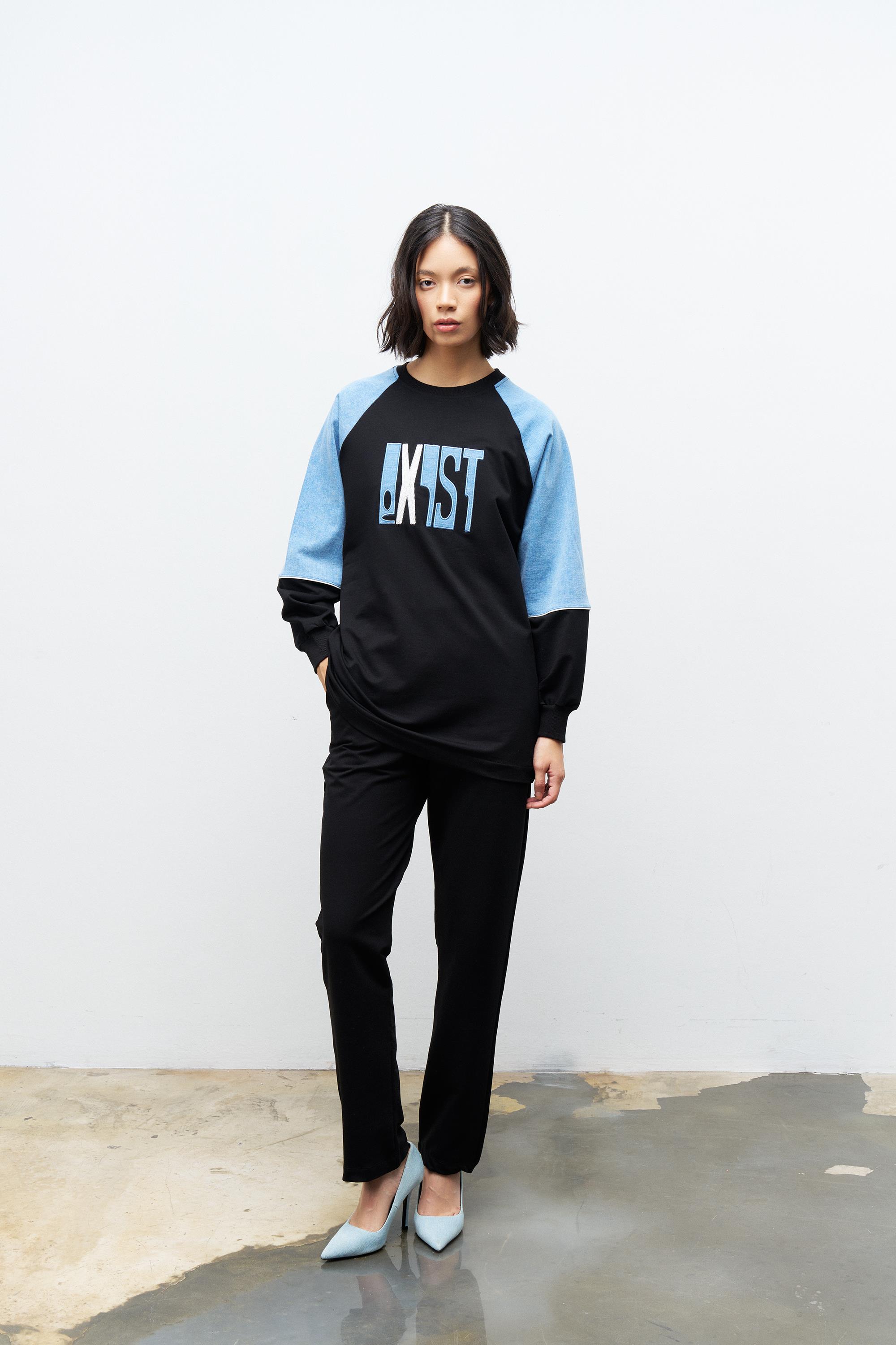 Siyah Kadın Exist Nakış Üzeri Taşlı  Kol Denim Detaylı Dar Paça Pamuklu Örme Alt Üst Takım