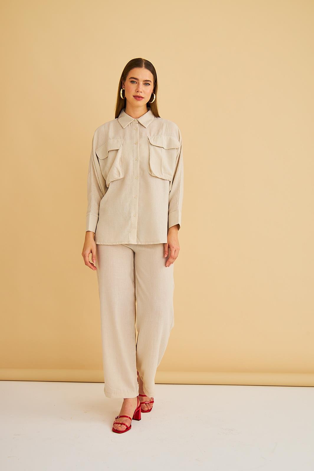 Meva Cepli Yarasa Kol Keten Taş Gömlek Pantolon Takım