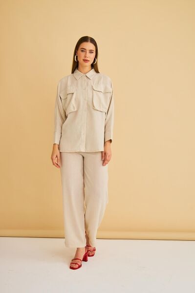 Meva Cepli Yarasa Kol Keten Taş Gömlek Pantolon Takım
