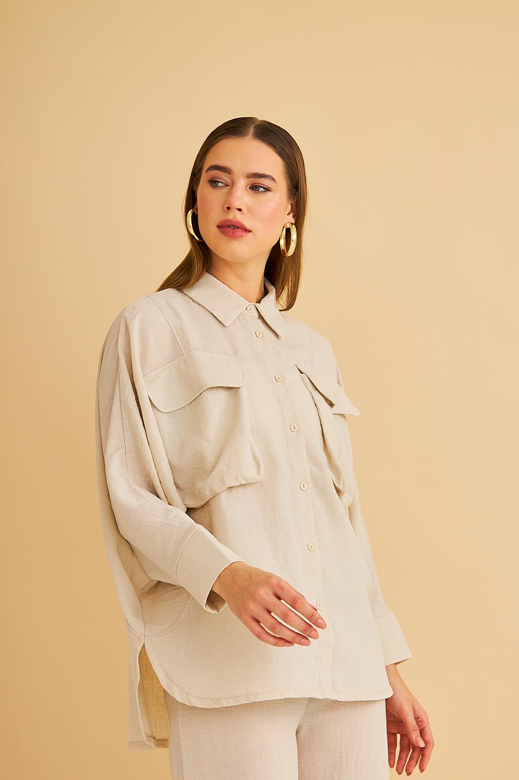 Meva Cepli Yarasa Kol Keten Taş Gömlek Pantolon Takım