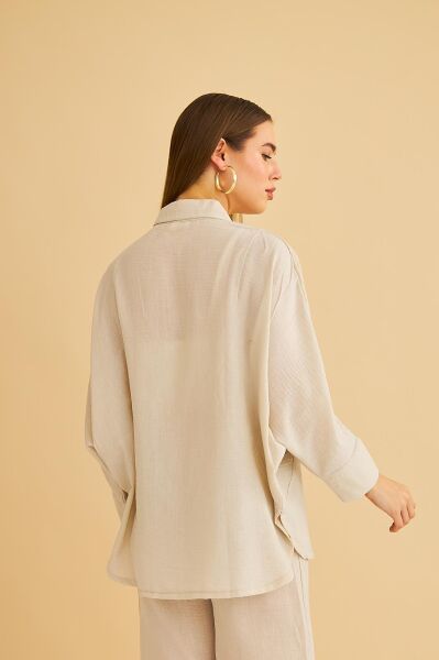 Meva Cepli Yarasa Kol Keten Taş Gömlek Pantolon Takım