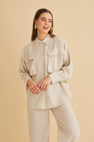 Meva Cepli Yarasa Kol Keten Taş Gömlek Pantolon Takım