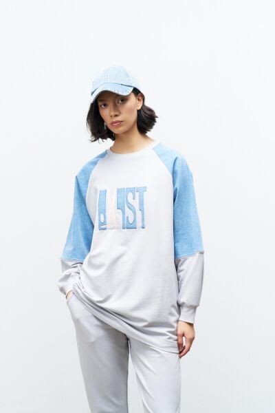 Boyalı Gri Kadın Exist Nakış Üzeri Taşlı  Kol Denim Detaylı Dar Paça Pamuklu Örme Alt Üst Takım