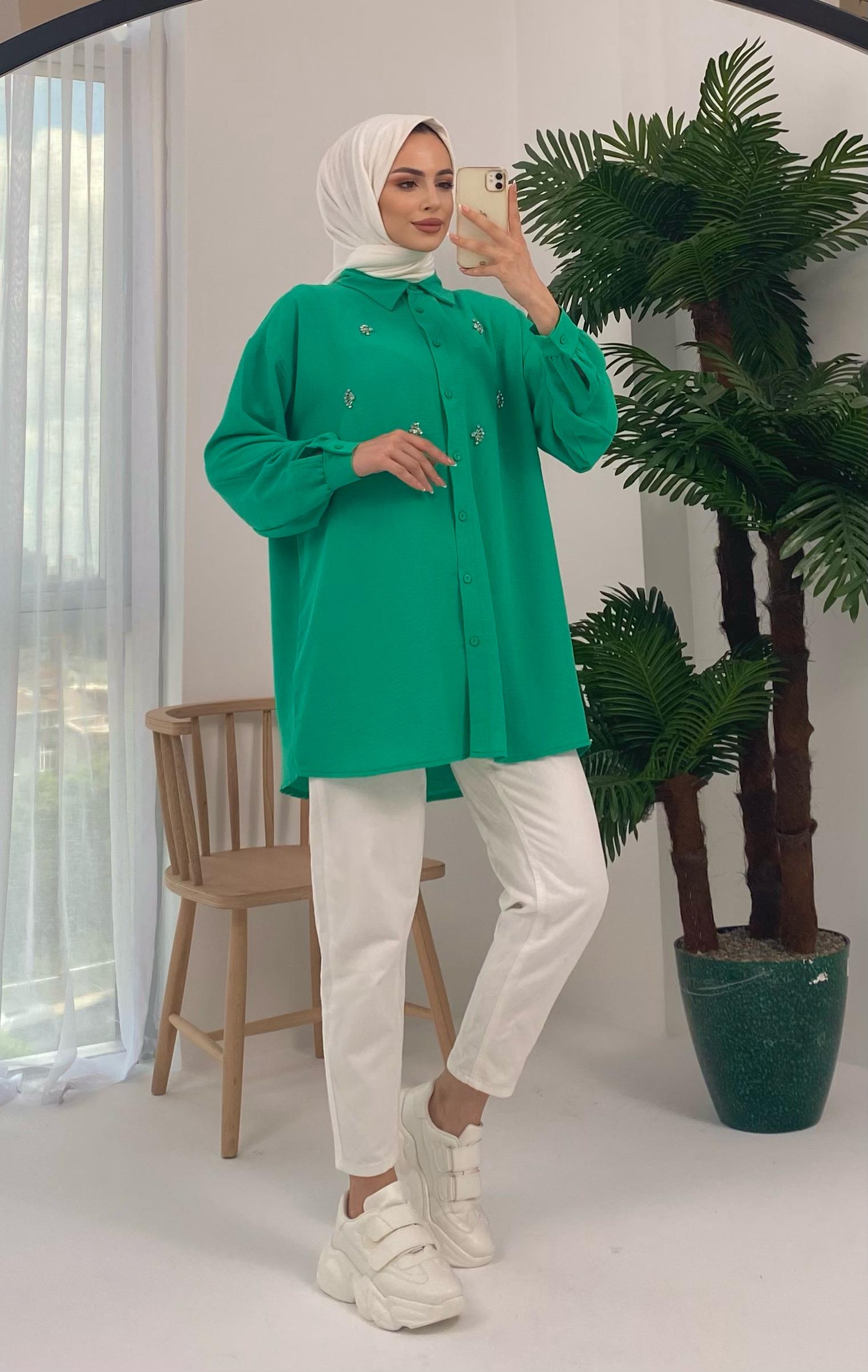 Palu Taş İşlemeli Dokuma Yeşil Gömlek