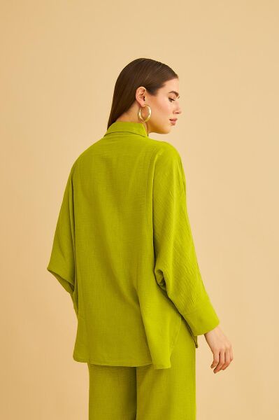 Meva Cepli Yarasa Kol Keten Olive Gömlek Pantolon Takım