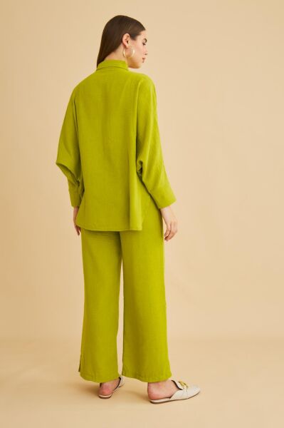 Meva Cepli Yarasa Kol Keten Olive Gömlek Pantolon Takım