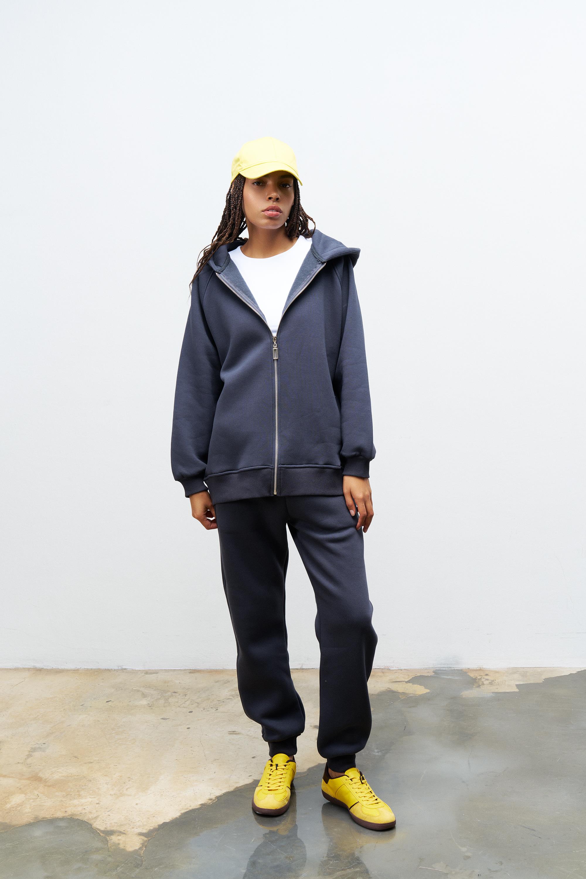 Füme Kadın Cep Etiket Detaylı  Kapüşonlu İçi Polarlı Alt Üst Takım