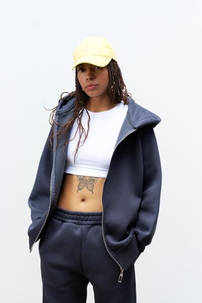 Füme Kadın Cep Etiket Detaylı  Kapüşonlu İçi Polarlı Alt Üst Takım