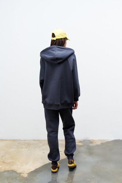 Füme Kadın Cep Etiket Detaylı  Kapüşonlu İçi Polarlı Alt Üst Takım