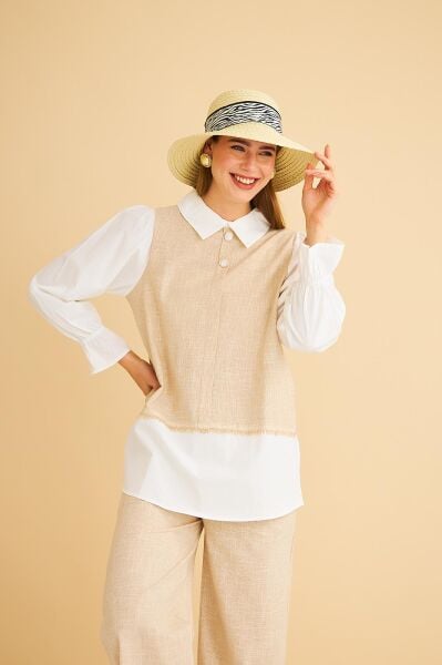 Lambade Düğme Detaylı Bol Paça Keten Camel Tunik Pantolon Takım