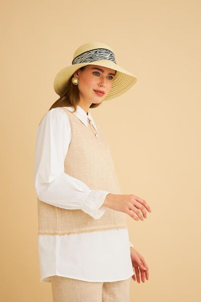 Lambade Düğme Detaylı Bol Paça Keten Camel Tunik Pantolon Takım