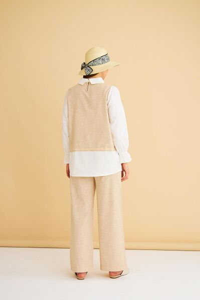 Lambade Düğme Detaylı Bol Paça Keten Camel Tunik Pantolon Takım
