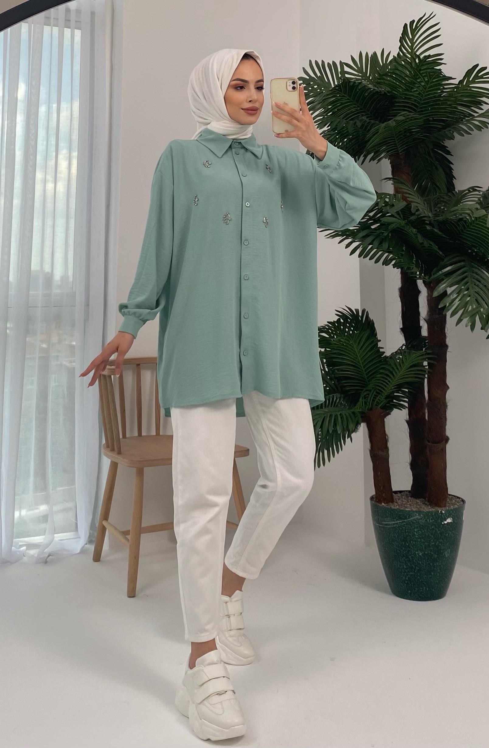 Palu Taş İşlemeli Dokuma Mint Gömlek