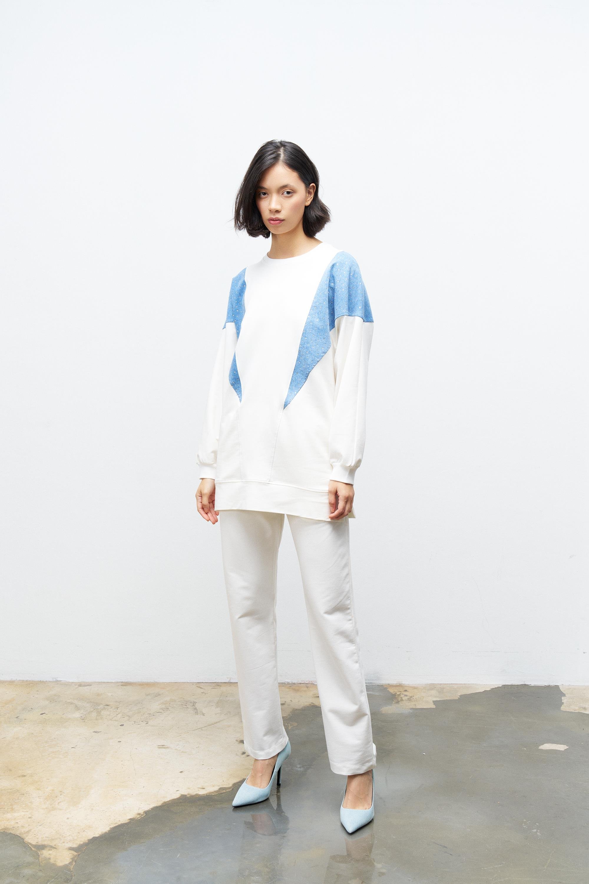 Ekru Kadın Denim Garni Üzeri Taş Detaylı Ve Bel Lastikli Dar Paça Pantolon  Örme Alt Üst Takım