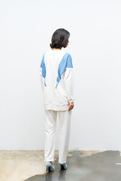 Ekru Kadın Denim Garni Üzeri Taş Detaylı Ve Bel Lastikli Dar Paça Pantolon  Örme Alt Üst Takım