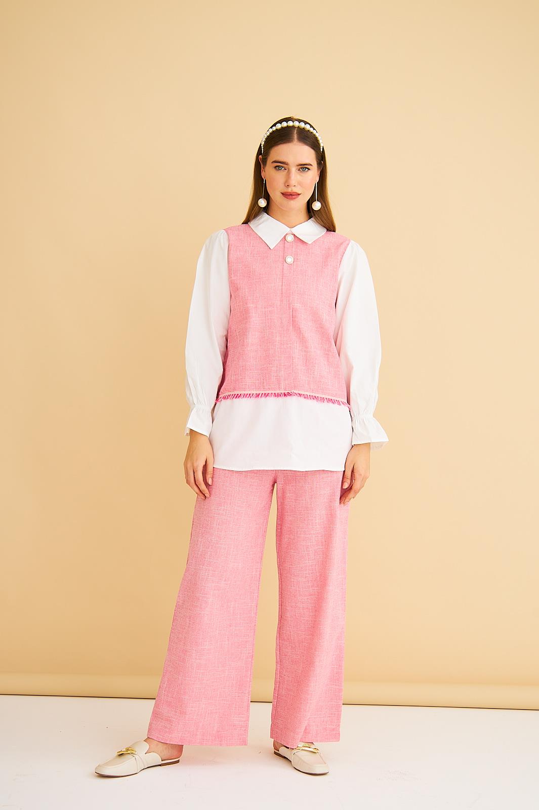 Lambade Düğme Detaylı Bol Paça Keten Pembe Tunik Pantolon Takım