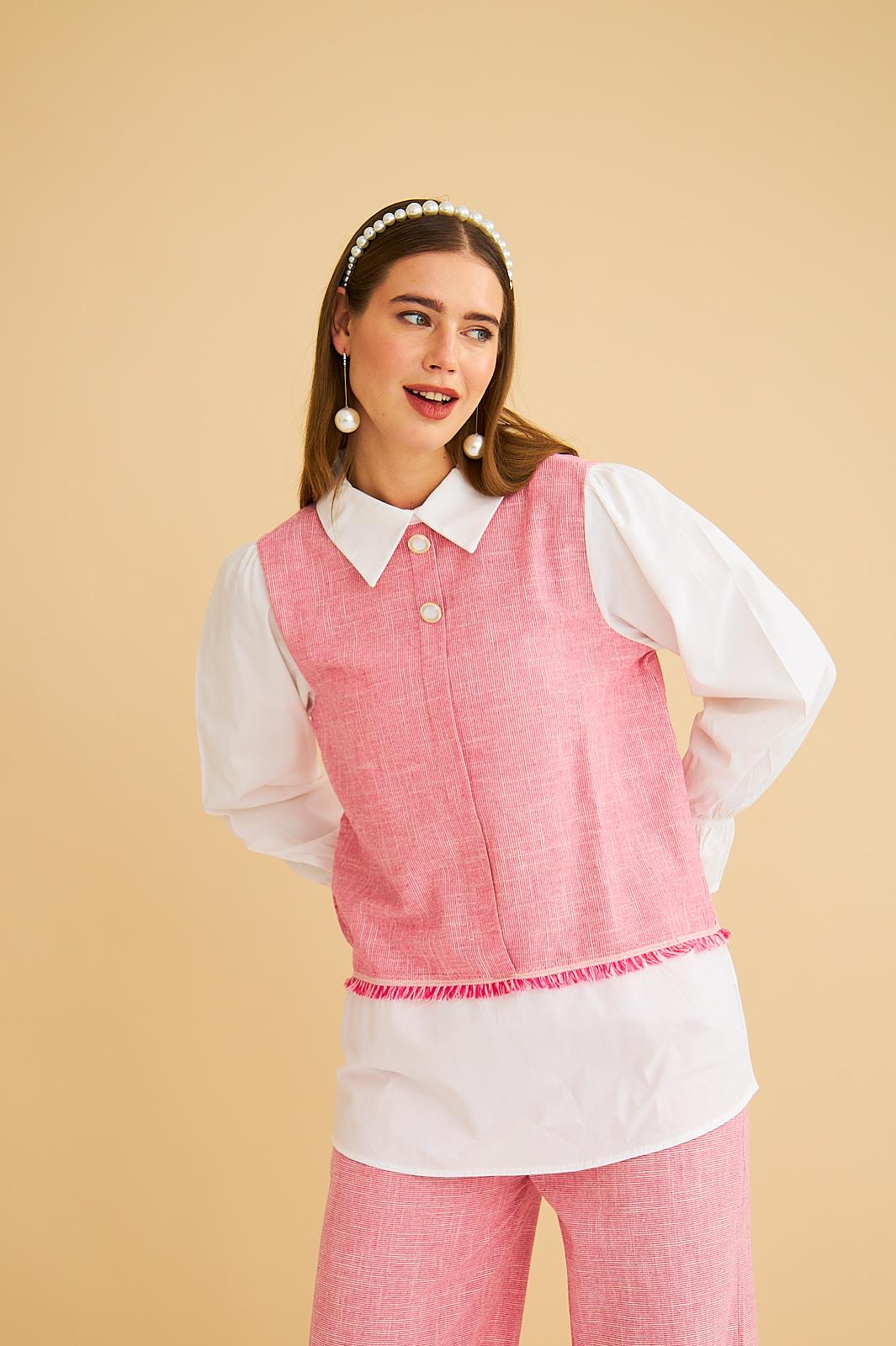 Lambade Düğme Detaylı Bol Paça Keten Pembe Tunik Pantolon Takım