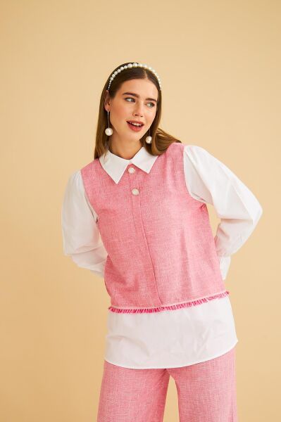 Lambade Düğme Detaylı Bol Paça Keten Pembe Tunik Pantolon Takım