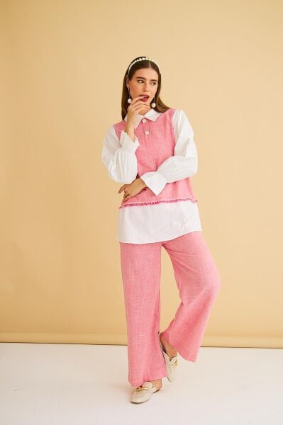 Lambade Düğme Detaylı Bol Paça Keten Pembe Tunik Pantolon Takım