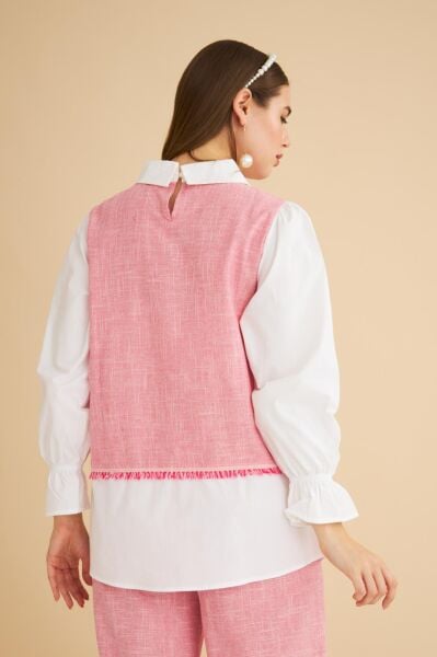 Lambade Düğme Detaylı Bol Paça Keten Pembe Tunik Pantolon Takım