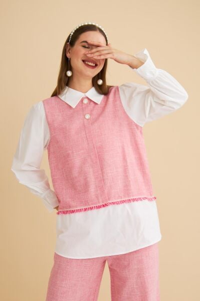 Lambade Düğme Detaylı Bol Paça Keten Pembe Tunik Pantolon Takım