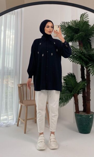 Palu Taş İşlemeli Dokuma Siyah Gömlek