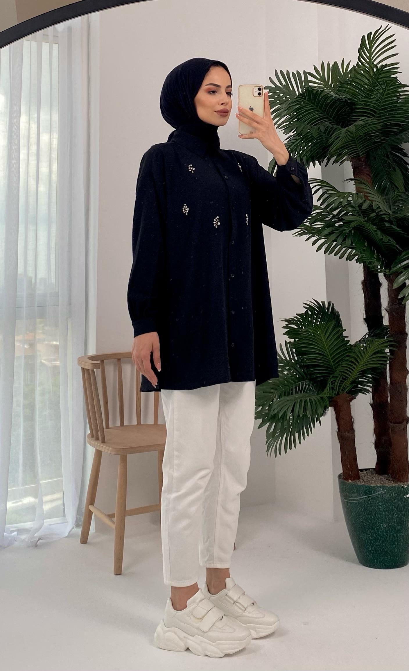 Palu Taş İşlemeli Dokuma Siyah Gömlek