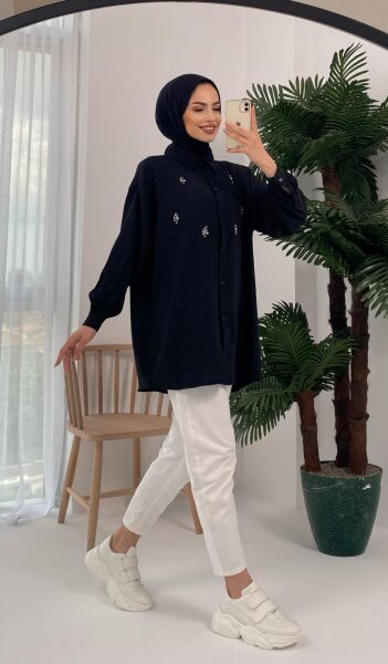 Palu Taş İşlemeli Dokuma Siyah Gömlek