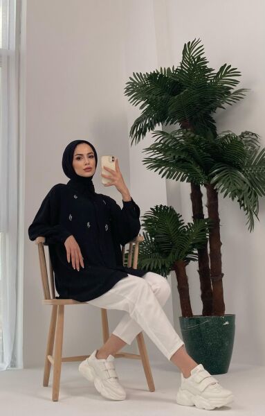 Palu Taş İşlemeli Dokuma Siyah Gömlek