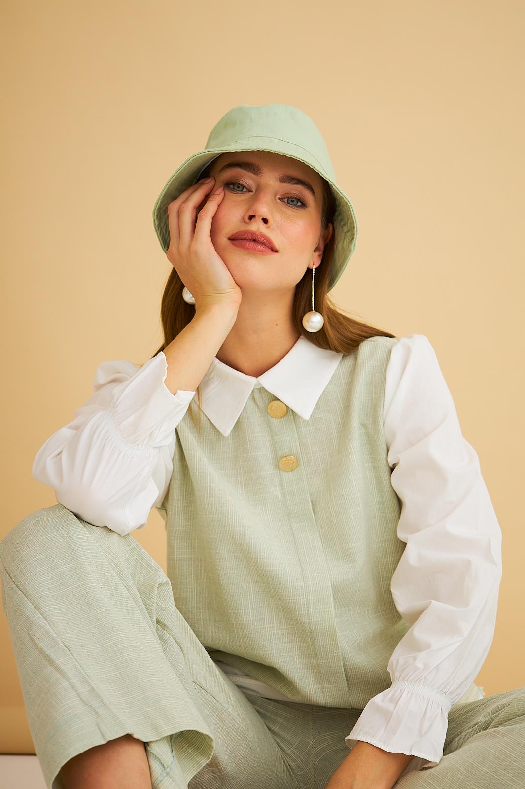 Lambade Düğme Detaylı Bol Paça Keten Mint Tunik Pantolon Takım