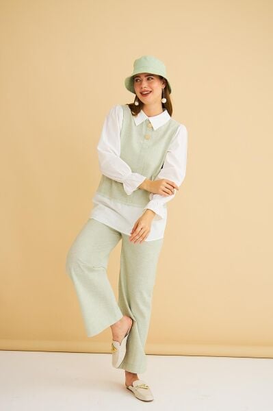 Lambade Düğme Detaylı Bol Paça Keten Mint Tunik Pantolon Takım