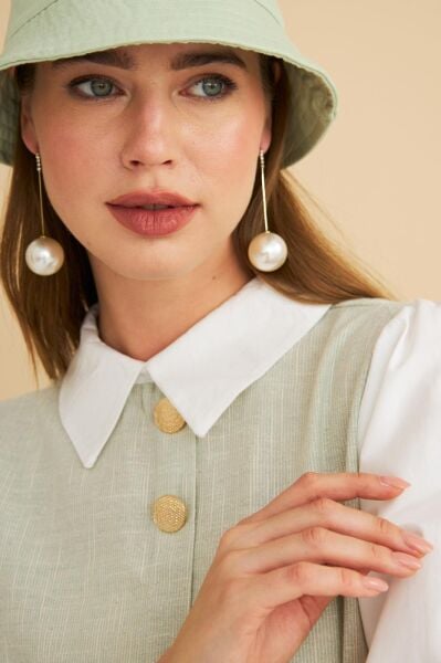 Lambade Düğme Detaylı Bol Paça Keten Mint Tunik Pantolon Takım