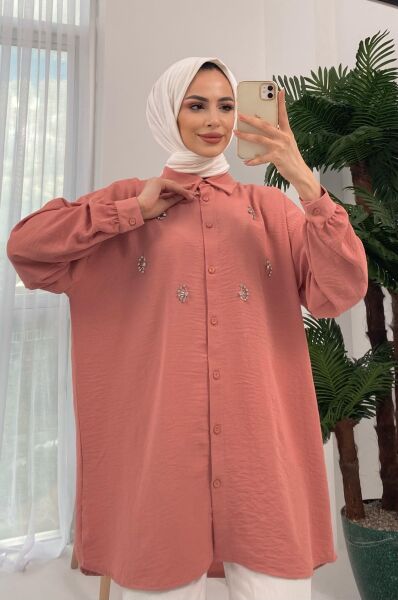 Palu Taş İşlemeli Dokuma Pudra Gömlek