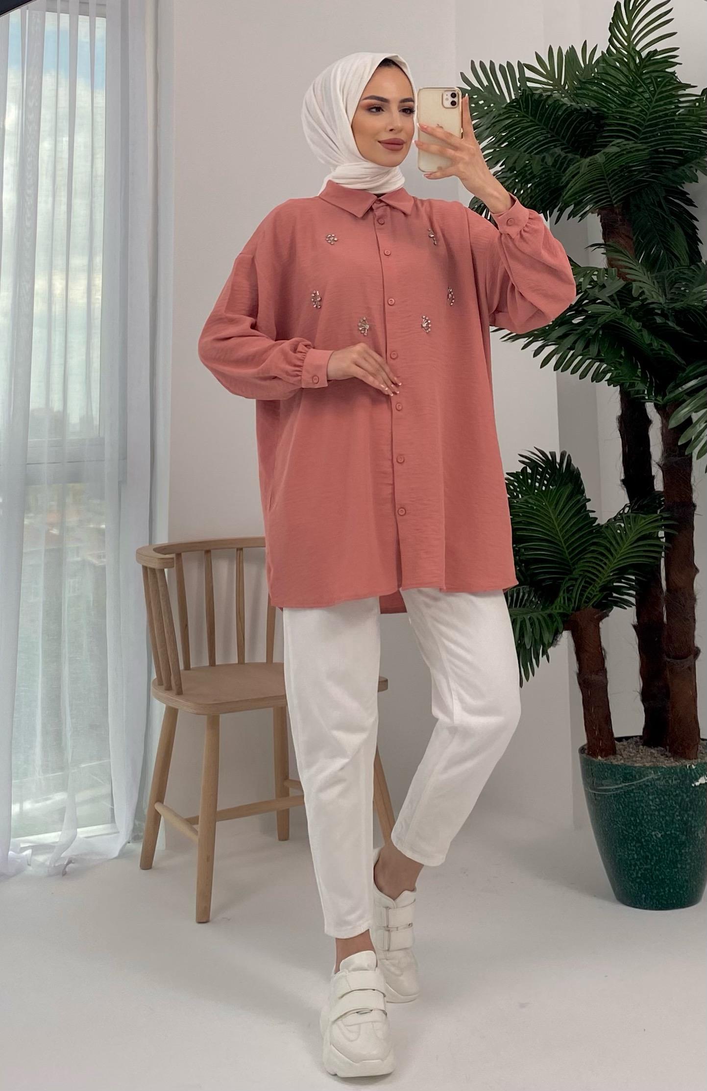 Palu Taş İşlemeli Dokuma Pudra Gömlek