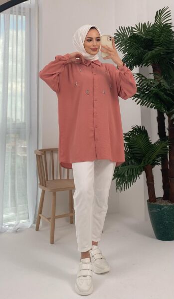 Palu Taş İşlemeli Dokuma Pudra Gömlek