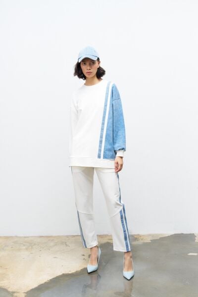 Ekru Kadın  Üst Ve Alt Denim Üzeri Taş Detaylı Pamuklu Örme Alt Üst Takım