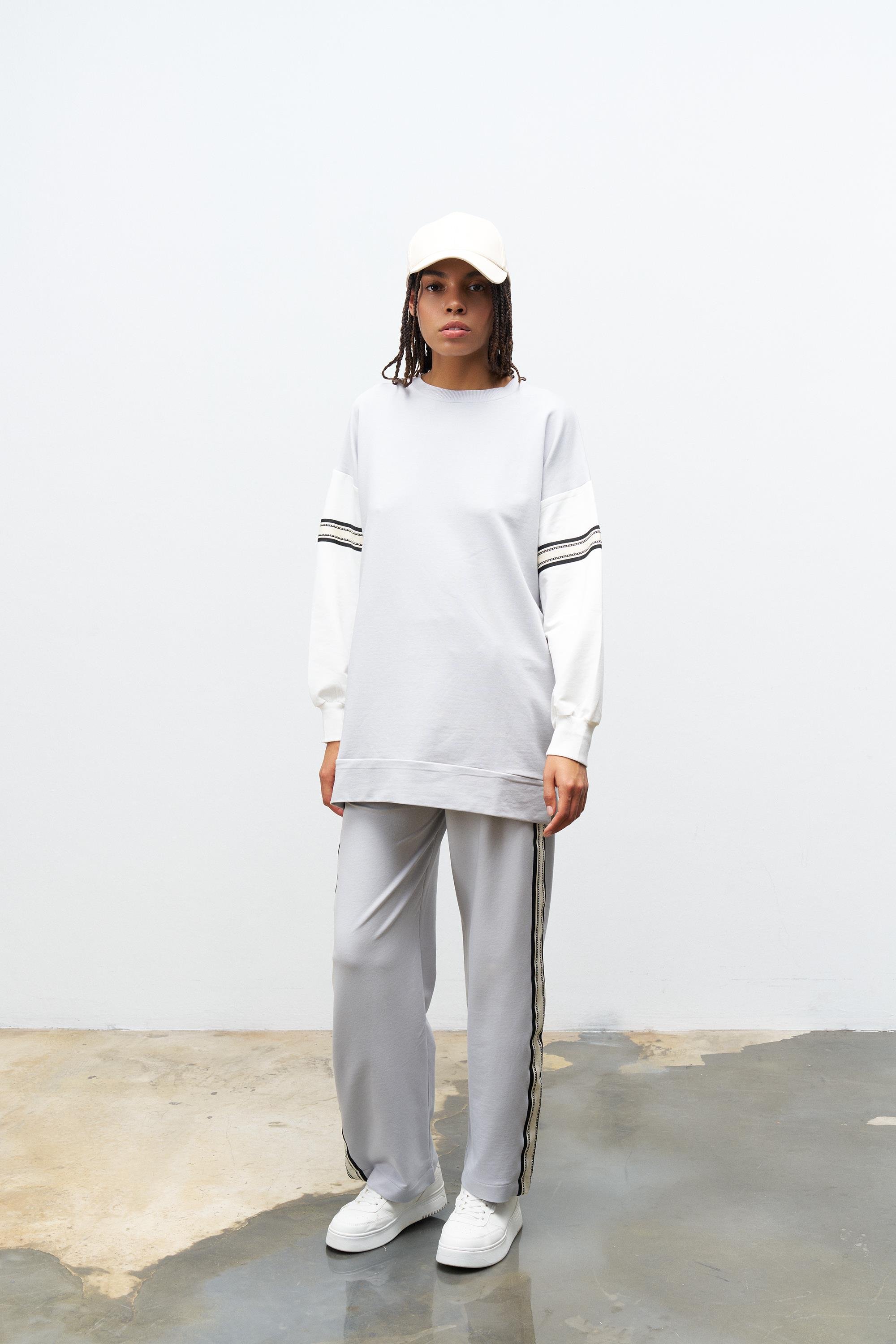 Boyalı Gri Kadın Bol Paça Bel Lastikli Şerit Detaylı  Pamuklu  Örme Alt Üst Takım