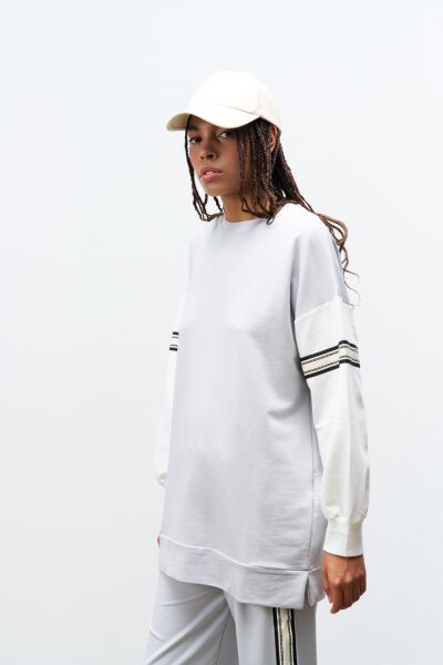 Boyalı Gri Kadın Bol Paça Bel Lastikli Şerit Detaylı  Pamuklu  Örme Alt Üst Takım