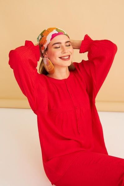 Pinky Düğmeli Kolları Büzgülü Keten Kırmızı Tunik Pantolon