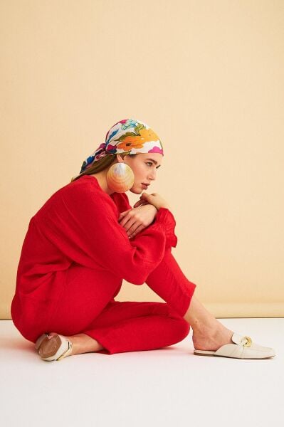 Pinky Düğmeli Kolları Büzgülü Keten Kırmızı Tunik Pantolon