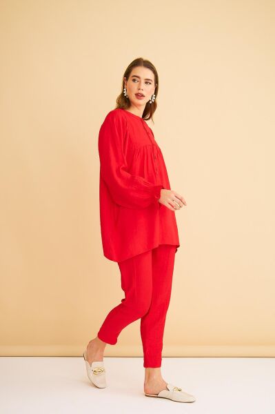 Pinky Düğmeli Kolları Büzgülü Keten Kırmızı Tunik Pantolon