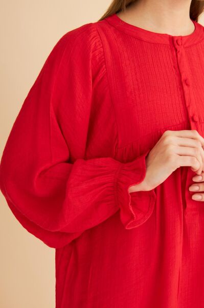 Pinky Düğmeli Kolları Büzgülü Keten Kırmızı Tunik Pantolon