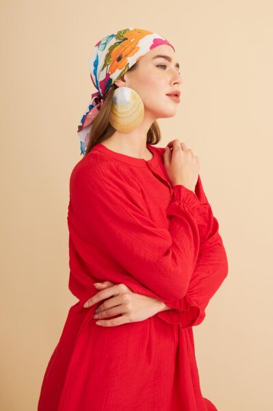 Pinky Düğmeli Kolları Büzgülü Keten Kırmızı Tunik Pantolon