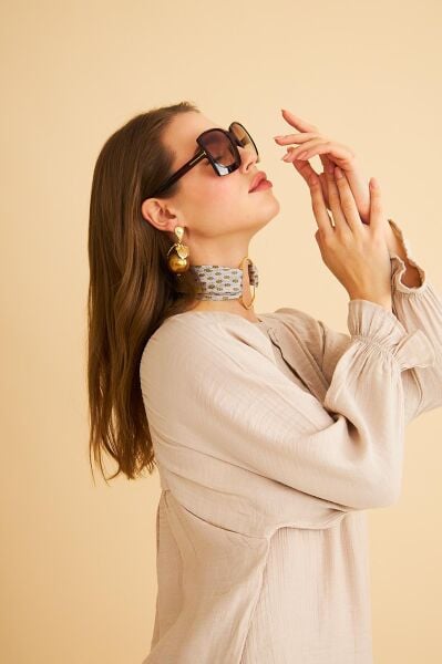 Pinky Düğmeli Kolları Büzgülü Keten Taş Tunik Pantolon